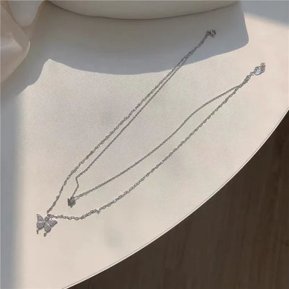 Silver Double Chain Butterfly Necklace