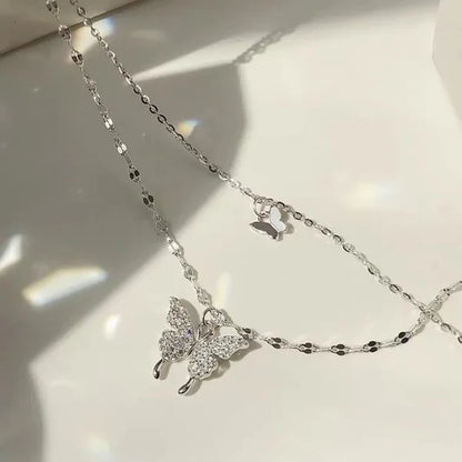 Silver Double Chain Butterfly Necklace